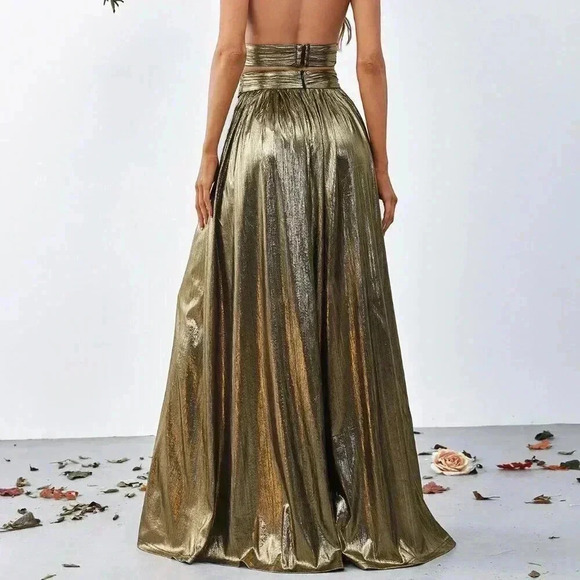 Bronze Women's Cross Wrap Front Backless Metallic Halter Wide Leg Jumpsuit - Picture 2 of 6